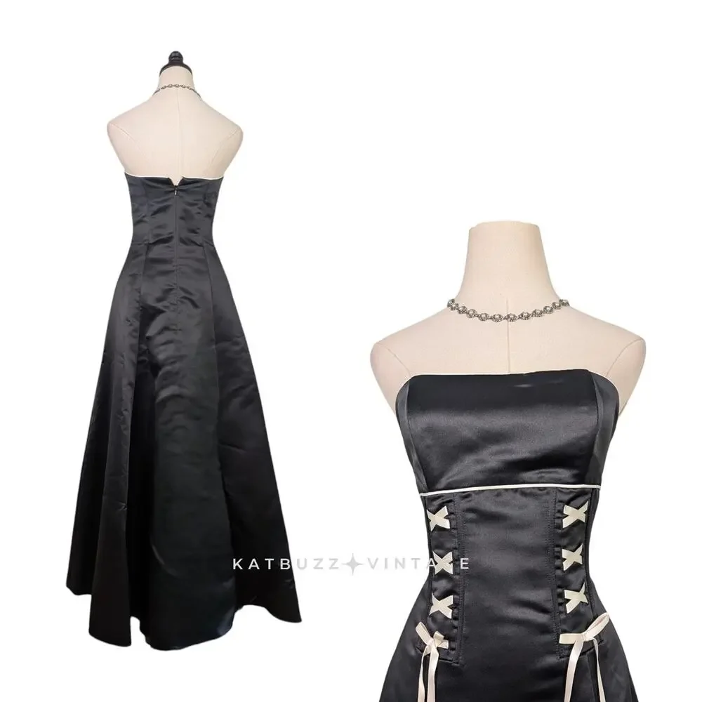 Vintage Mcclintock Prom Dress Maxi Gown 6 Black Corset Bow Coquette 90s Straples